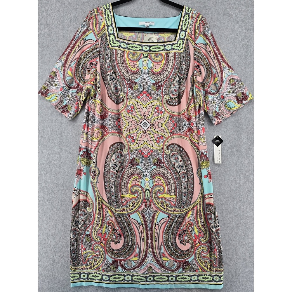 Studio One Moroccan Dress 14W Stretch Sheath Pink Multi‎ Boho Hippie 70s Mod NEW